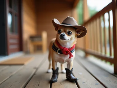 Chihuahua Wearing Cowboy Hat And Boots On Porch