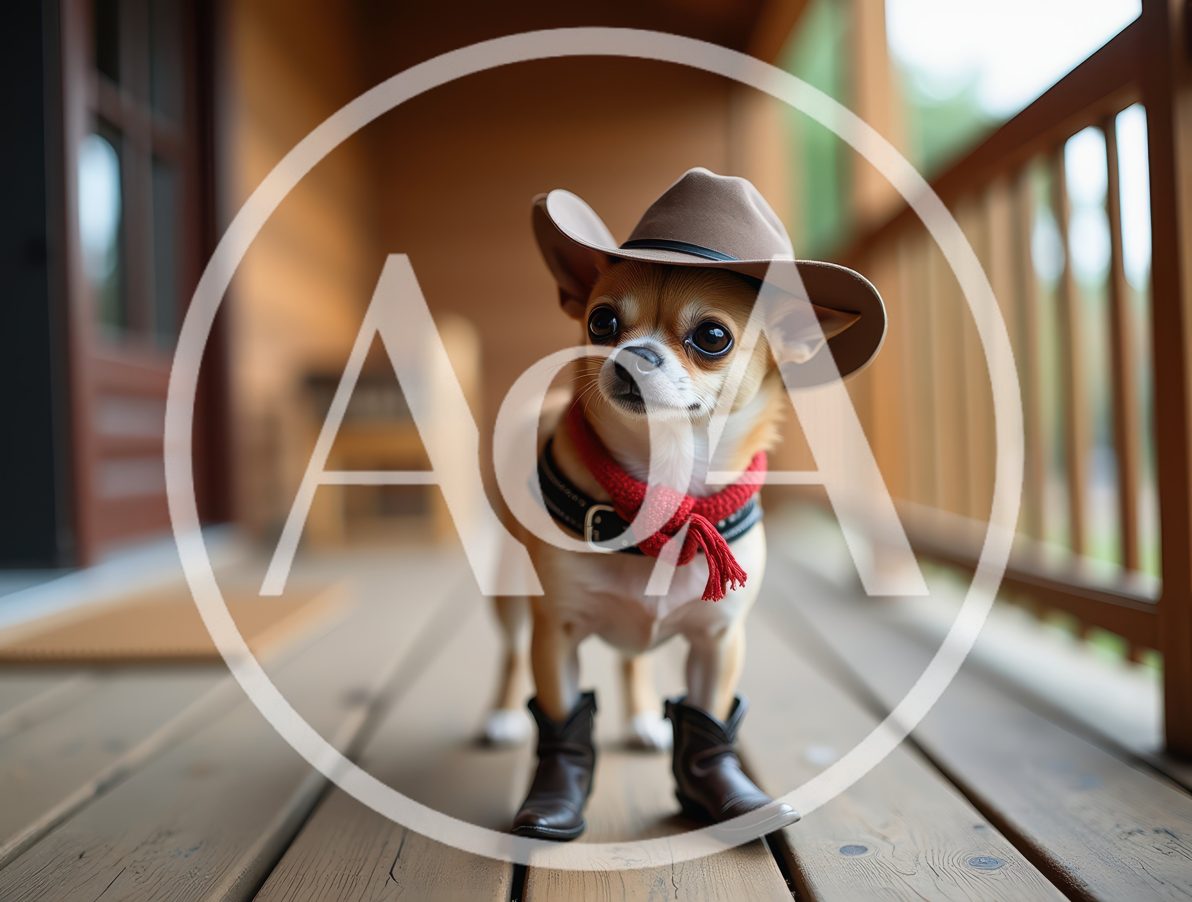 Chihuahua Wearing Cowboy Hat And Boots On Porch
