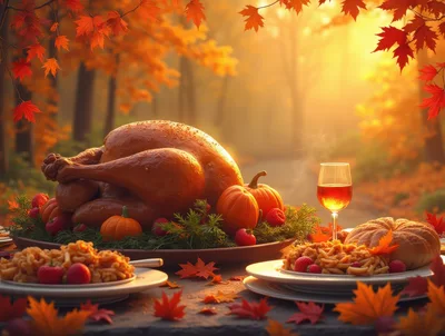 Thanksgiving Turkey Dinner Feast In Autumn Forest
