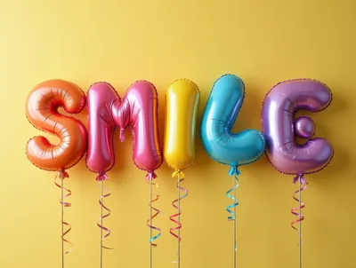 Colorful Foil Balloons Spelling Smile On Yellow Background