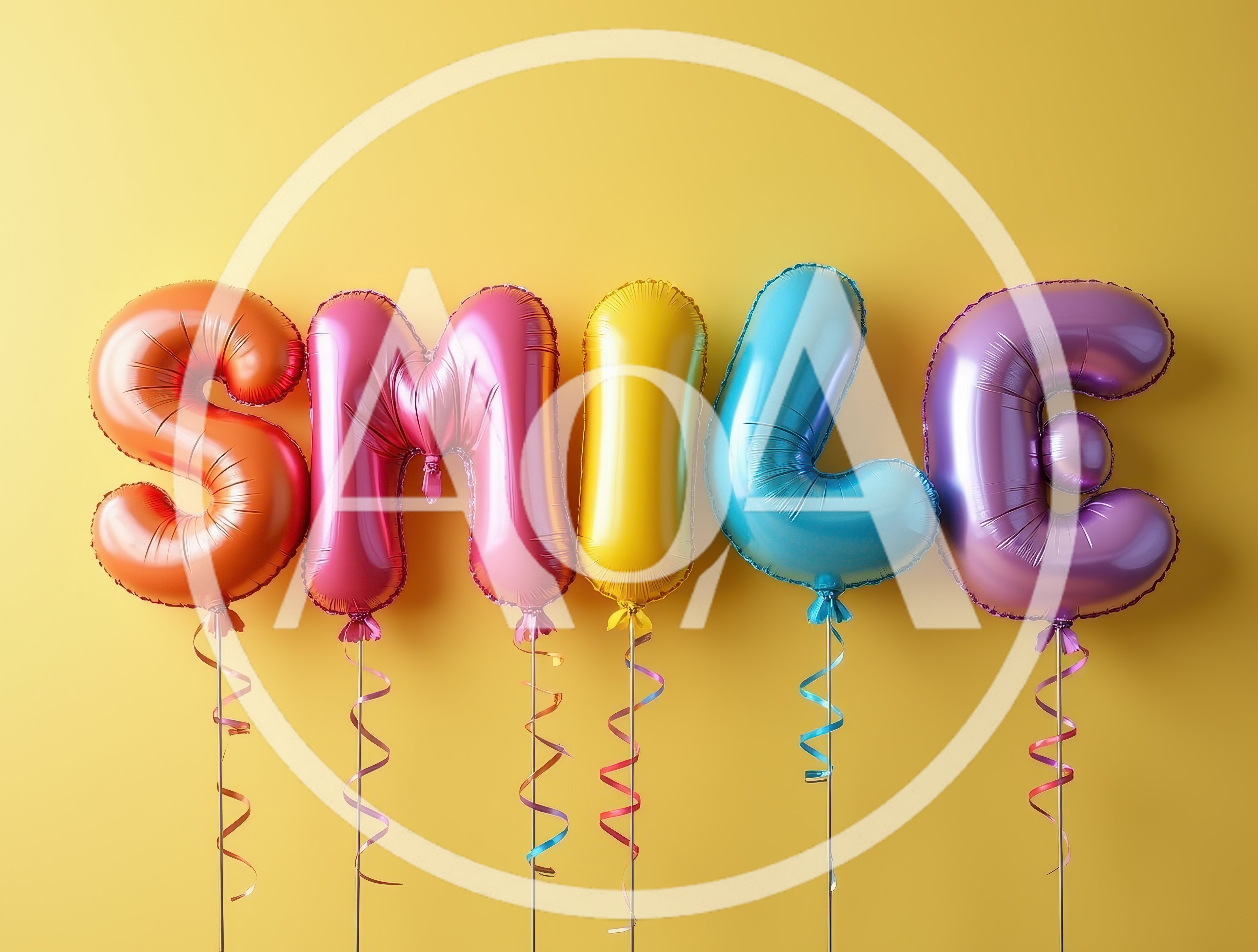 Colorful Foil Balloons Spelling Smile On Yellow Background