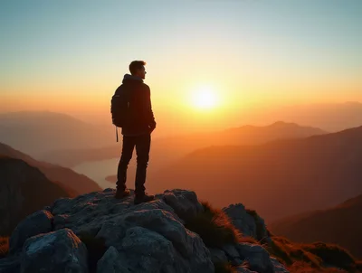 Hiker Standing On Mountain Peak At Sunset