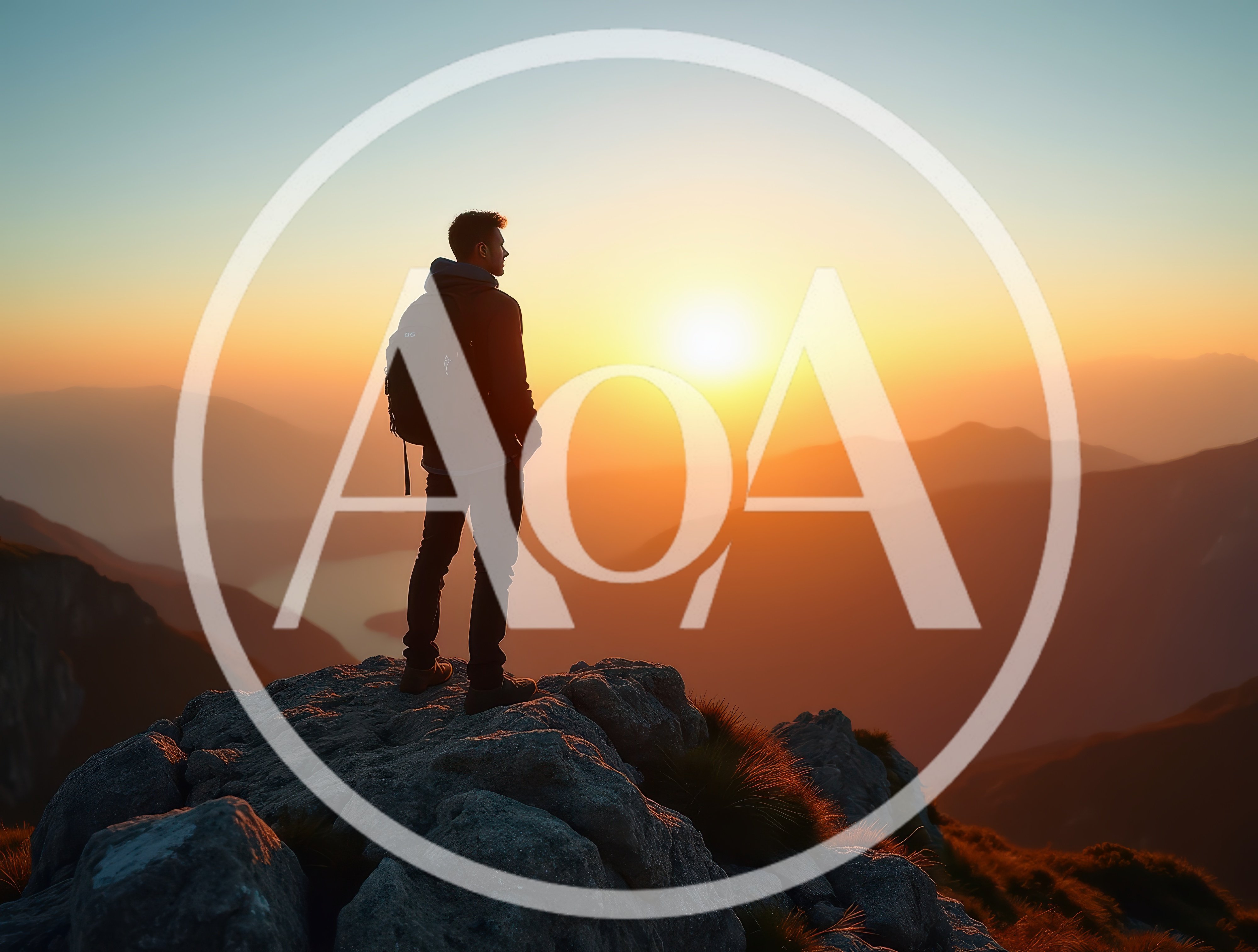 Hiker Standing On Mountain Peak At Sunset