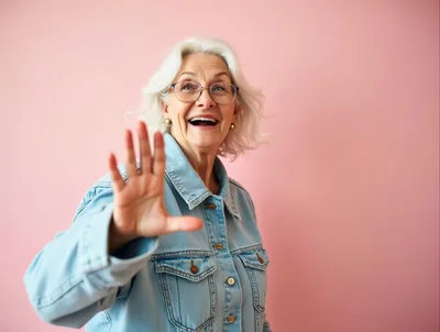 Cheerful Senior Woman Waving Hello Against Pink Background