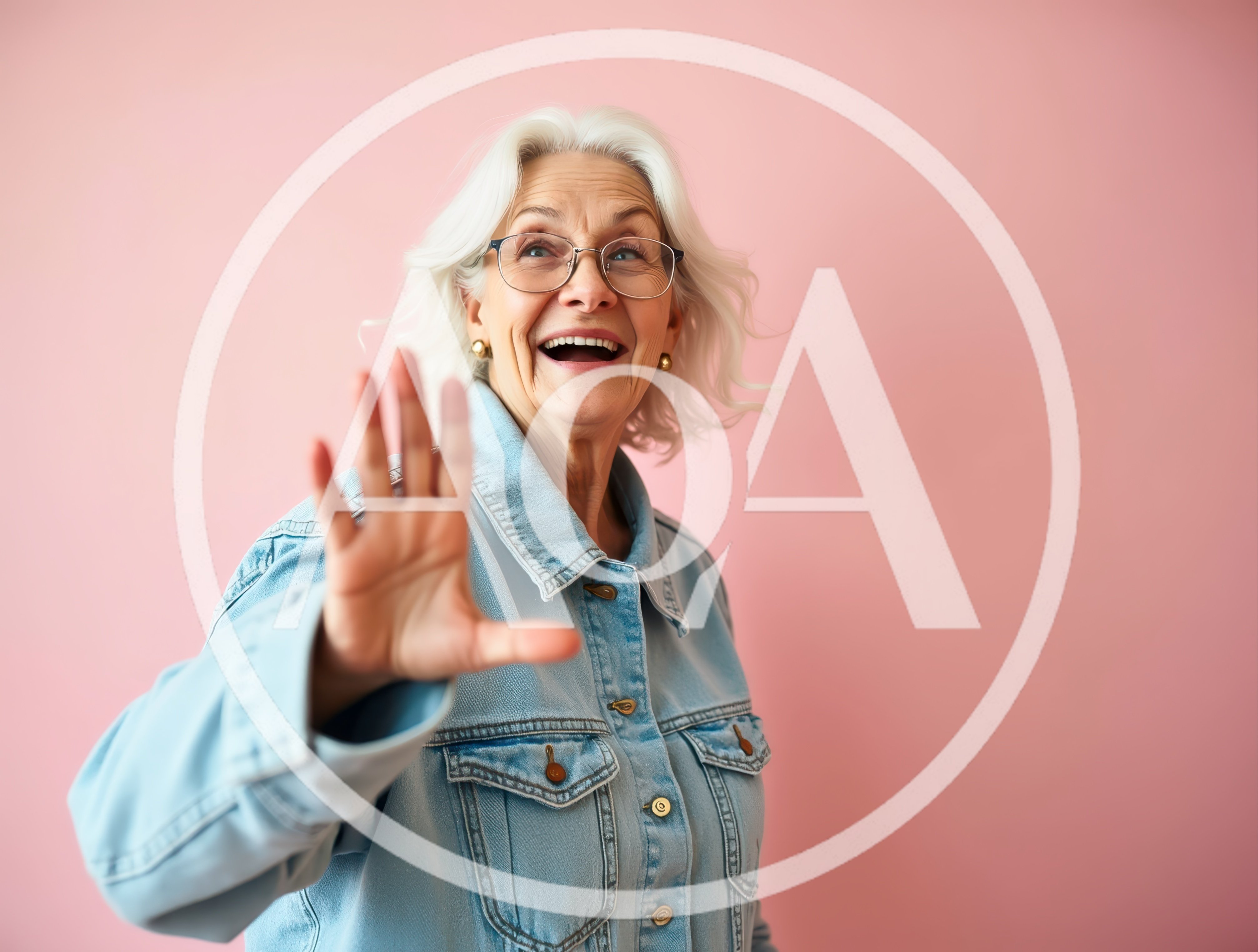 Cheerful Senior Woman Waving Hello Against Pink Background