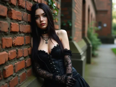 Gothic Woman Leaning Against A Red Brick Wall