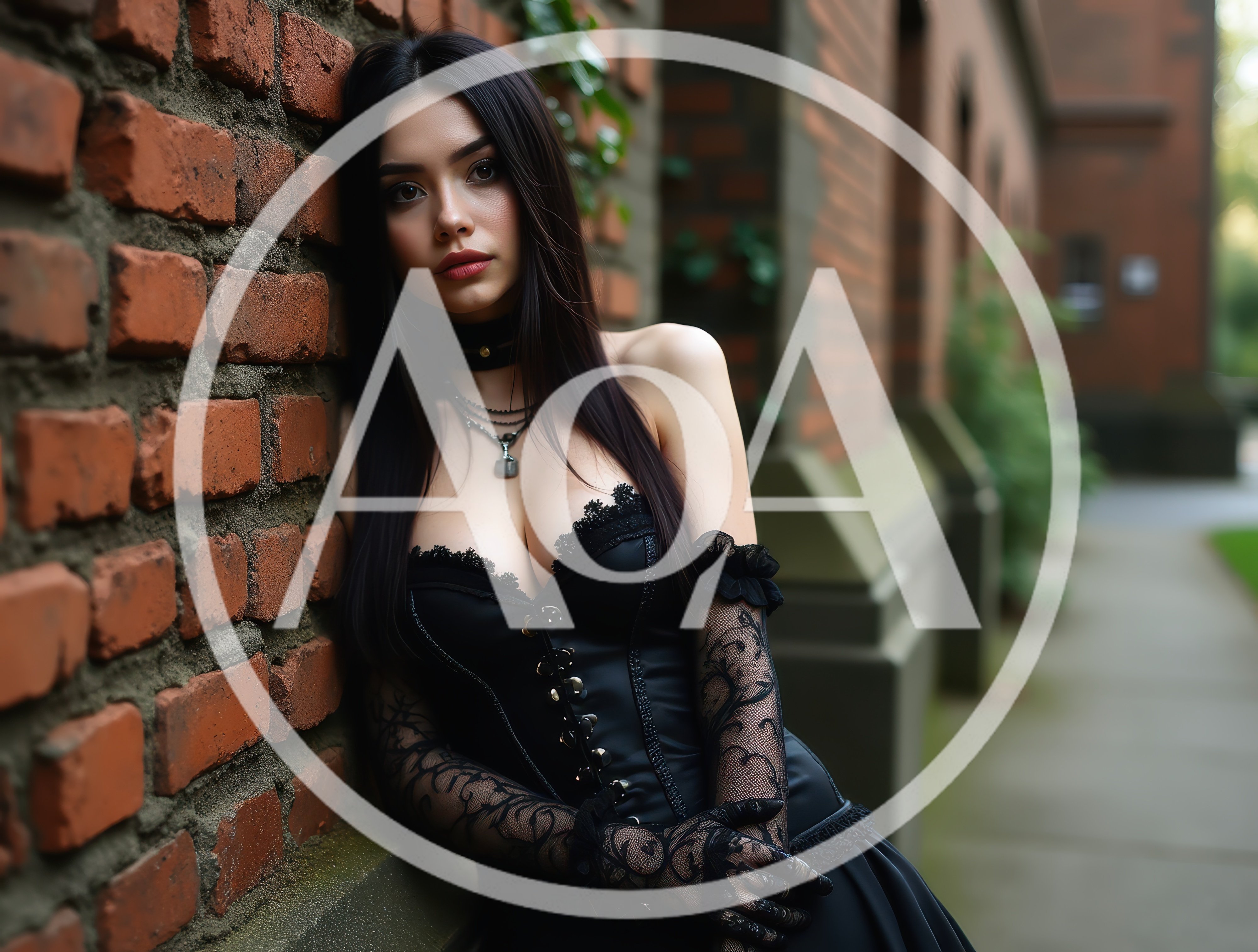 Gothic Woman Leaning Against A Red Brick Wall