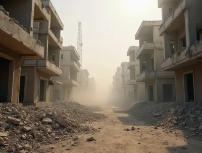 Abandoned Residential Buildings In A Dusty War Zone