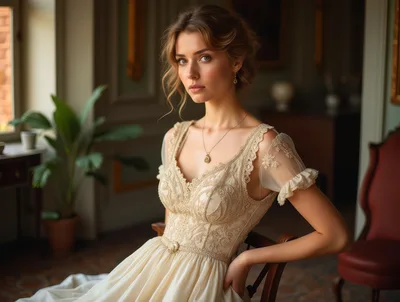 Elegant Woman In Vintage Lace Dress Sitting Indoors