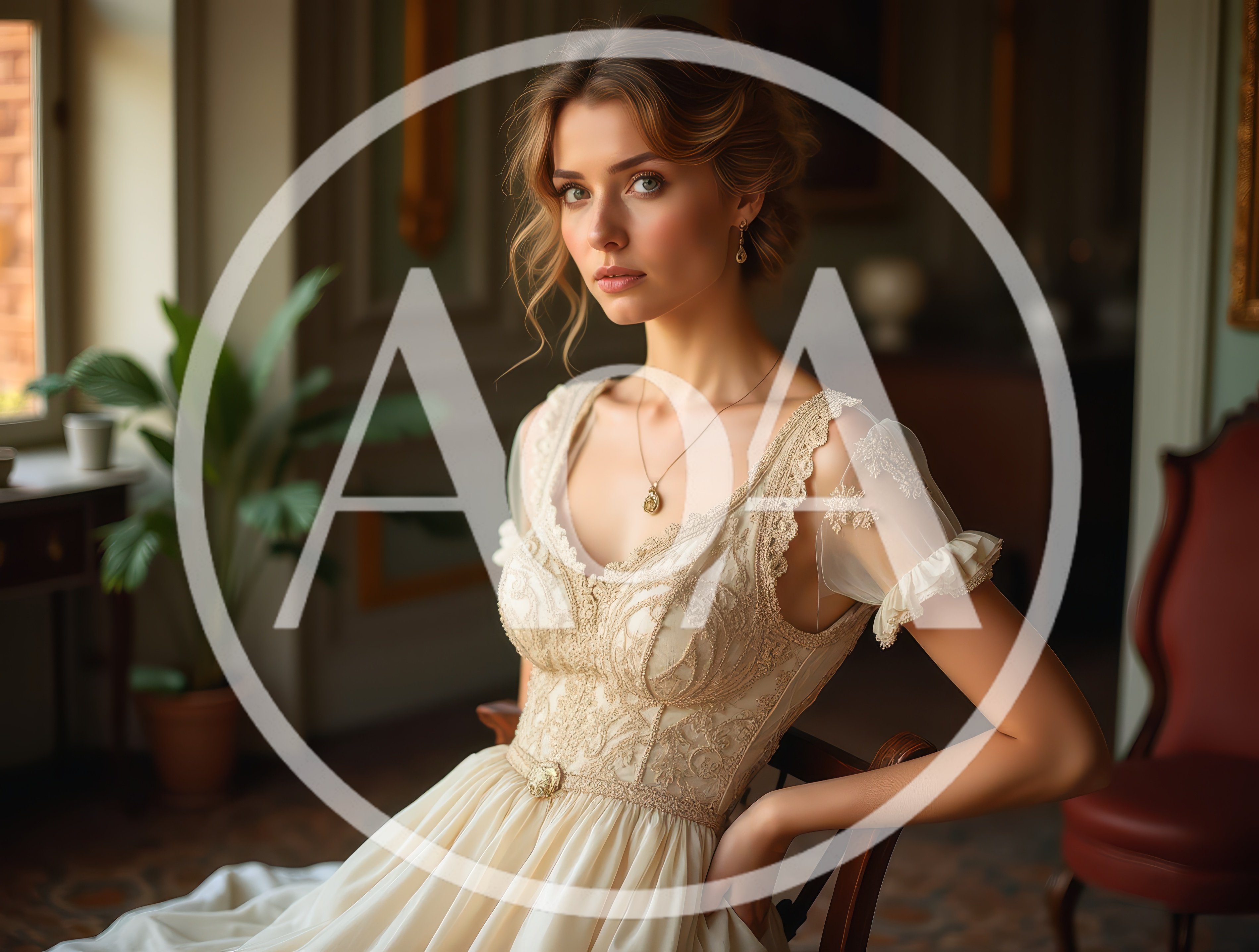 Elegant Woman In Vintage Lace Dress Sitting Indoors