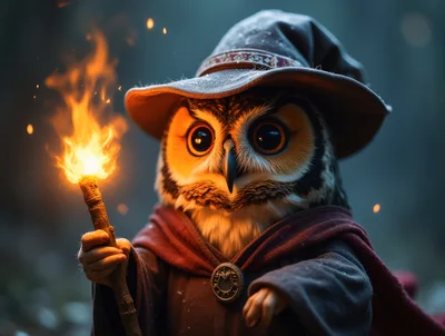 Wise Owl Wizard Holding A Flaming Torch