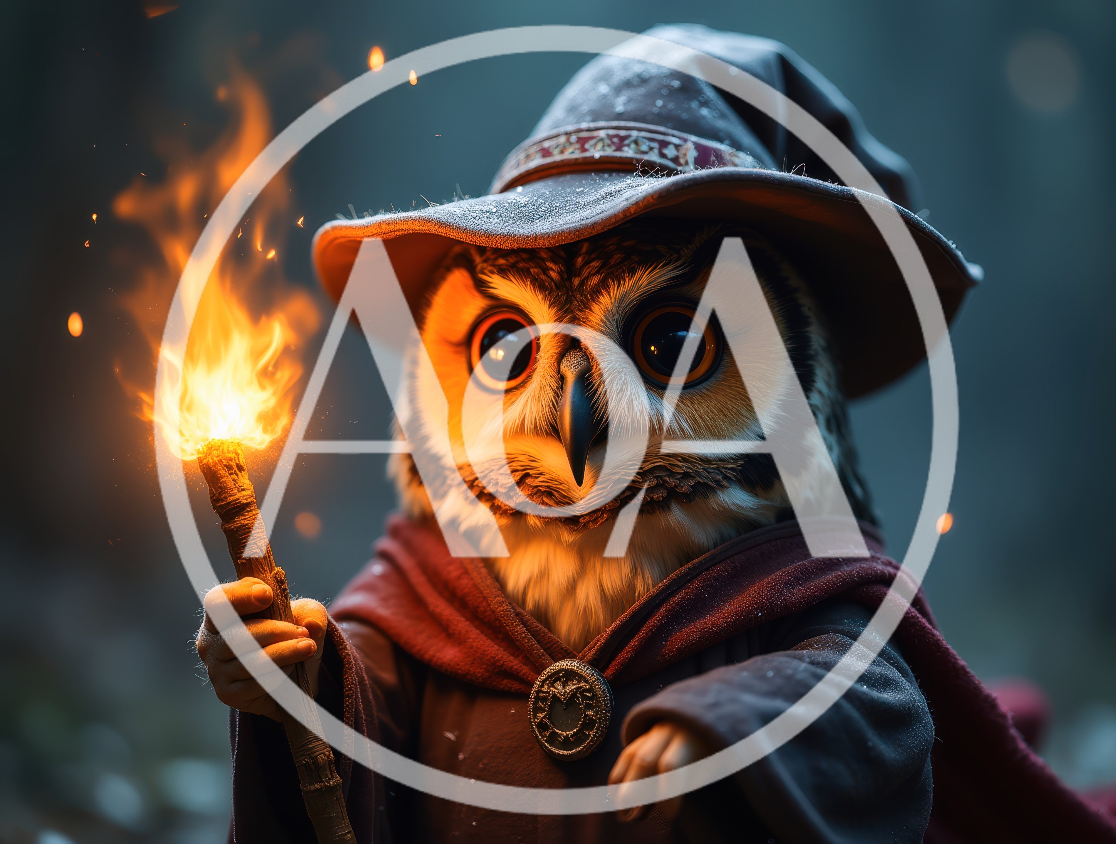 Wise Owl Wizard Holding A Flaming Torch