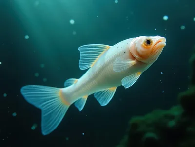 Albino Fish Swimming In Deep Dark Underwater Environment
