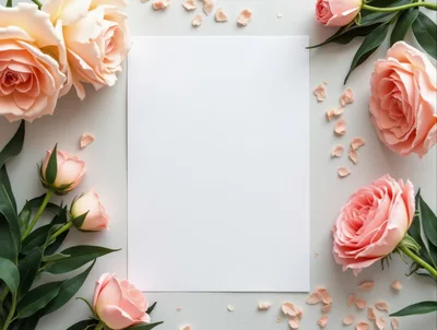 Blank Paper Sheet Surrounded By Pink Roses