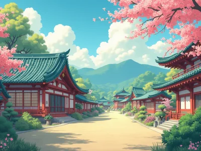 Traditional Japanese Temple Complex With Cherry Blossoms