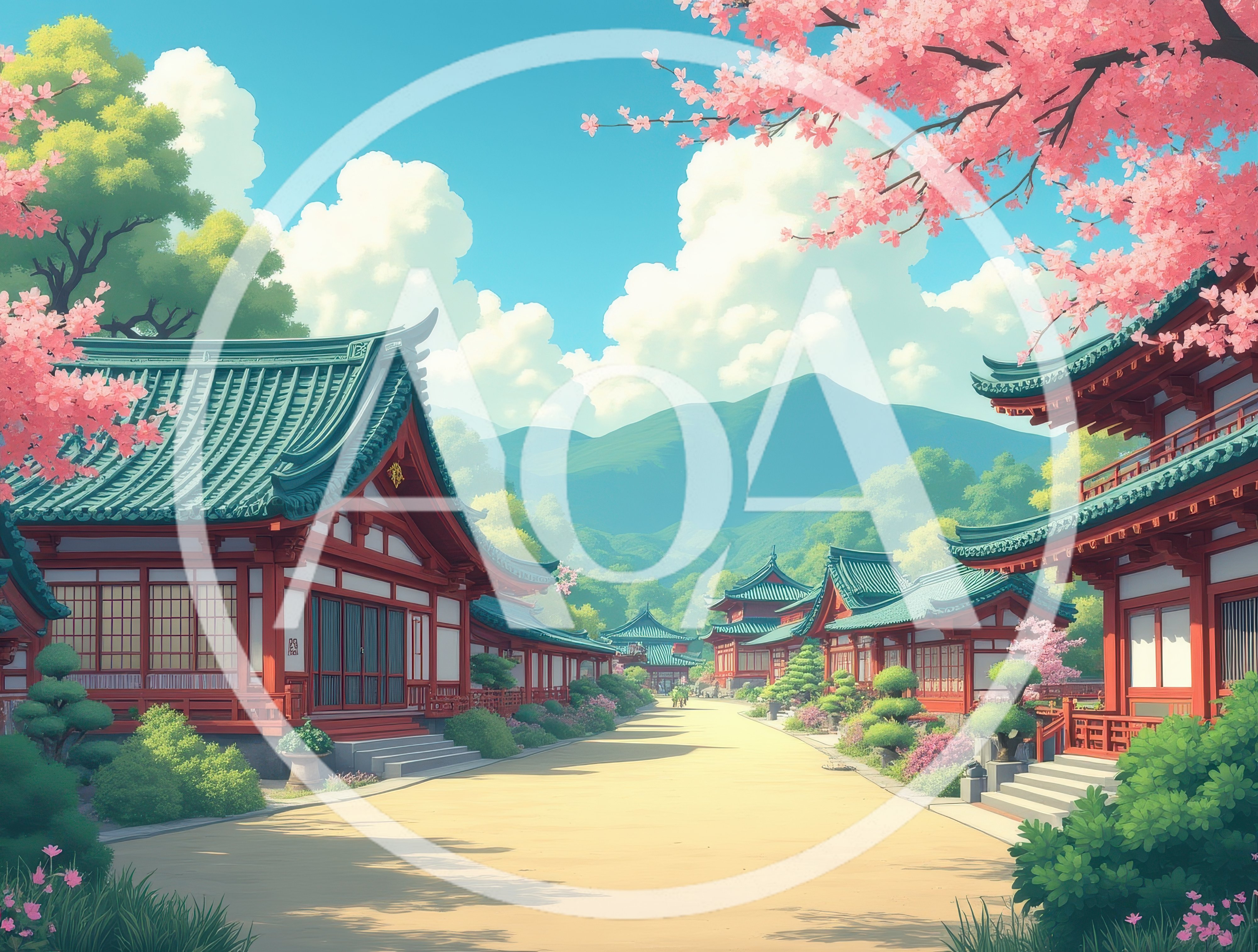 Traditional Japanese Temple Complex With Cherry Blossoms