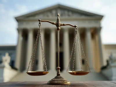 Brass Scales Of Justice Before Supreme Court Building