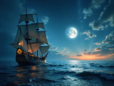 Majestic Tall Ship Sailing Under Full Moon