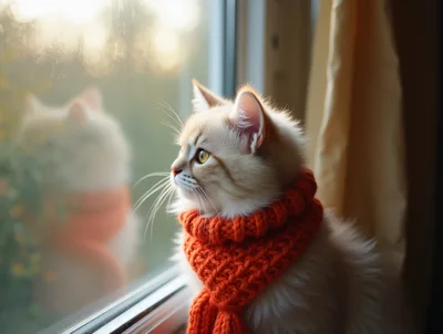 Fluffy Kitten Wearing An Orange Scarf Looking Out Window
