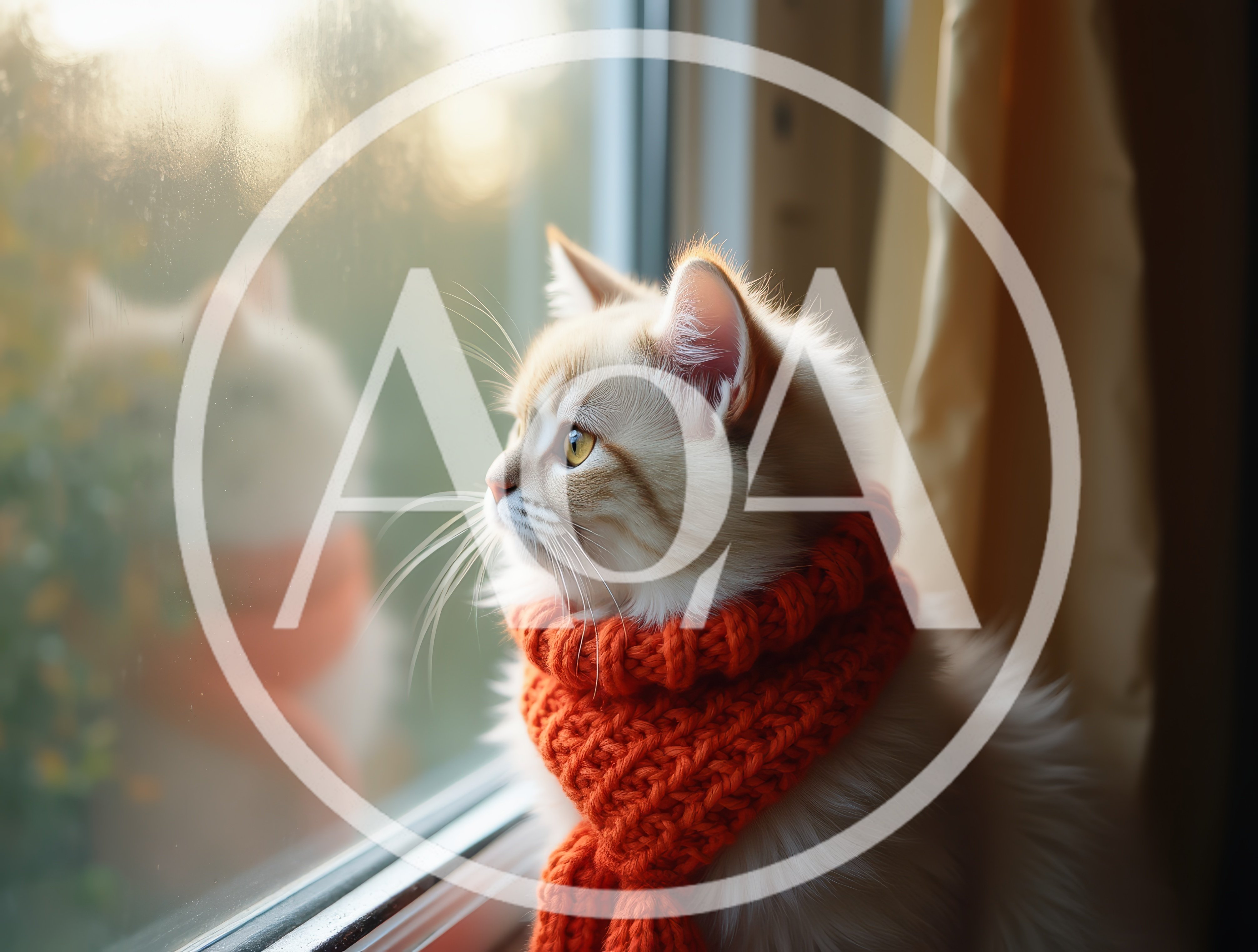 Fluffy Kitten Wearing An Orange Scarf Looking Out Window