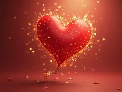 Red Heart Balloon With Golden Confetti Particles