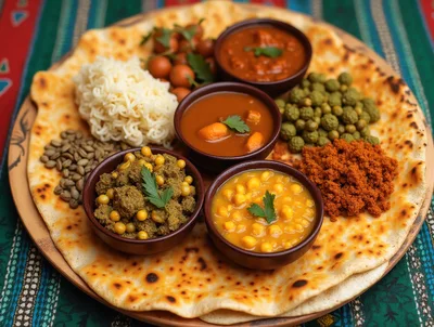 Traditional Indian Thali Platter With Assorted Curries And Bread