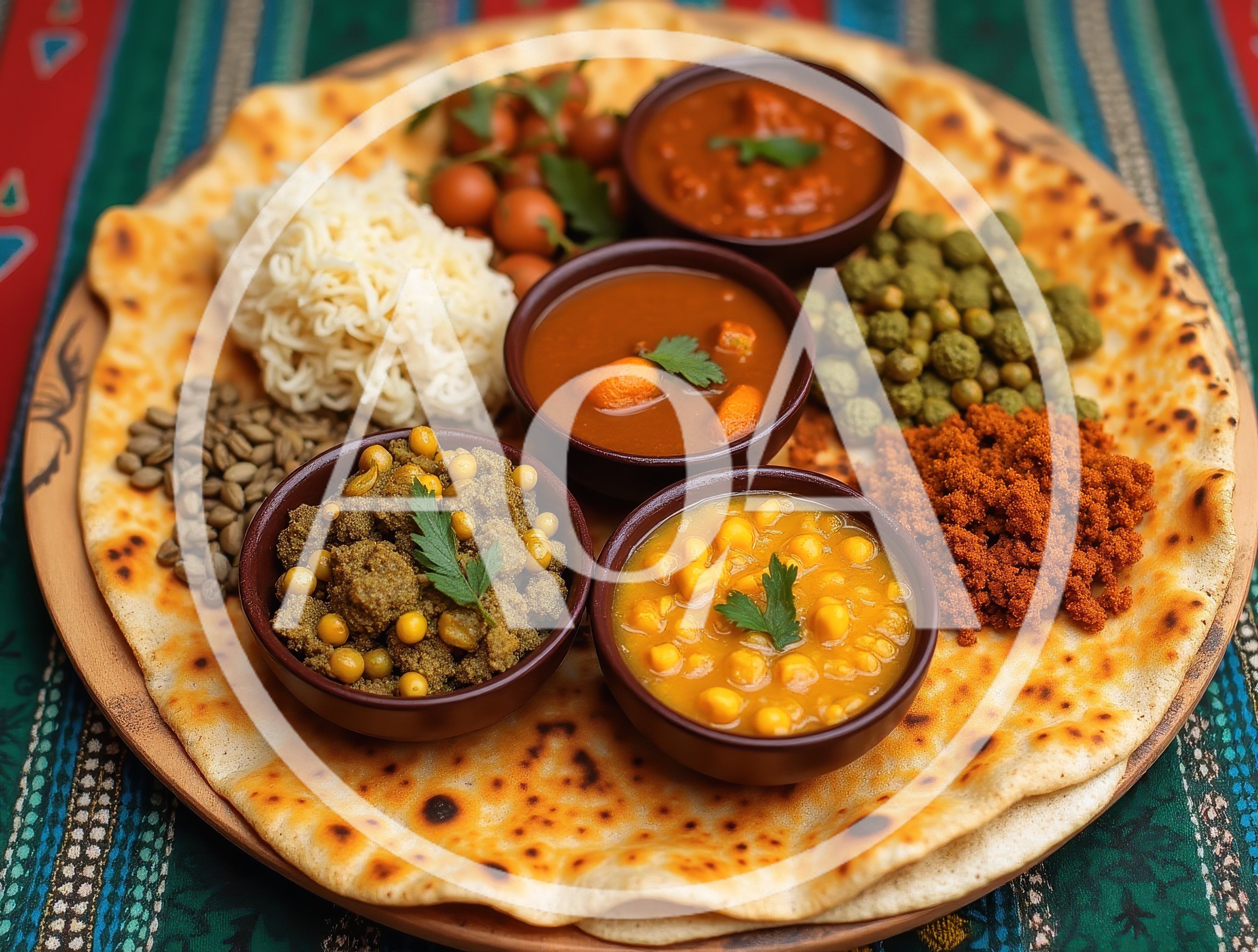 Traditional Indian Thali Platter With Assorted Curries And Bread
