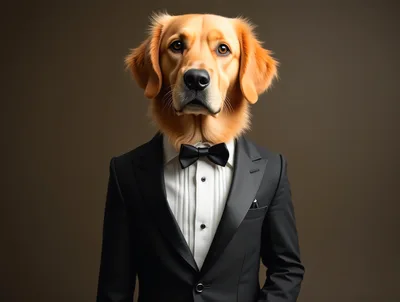 Golden Retriever Dog Wearing A Formal Tuxedo