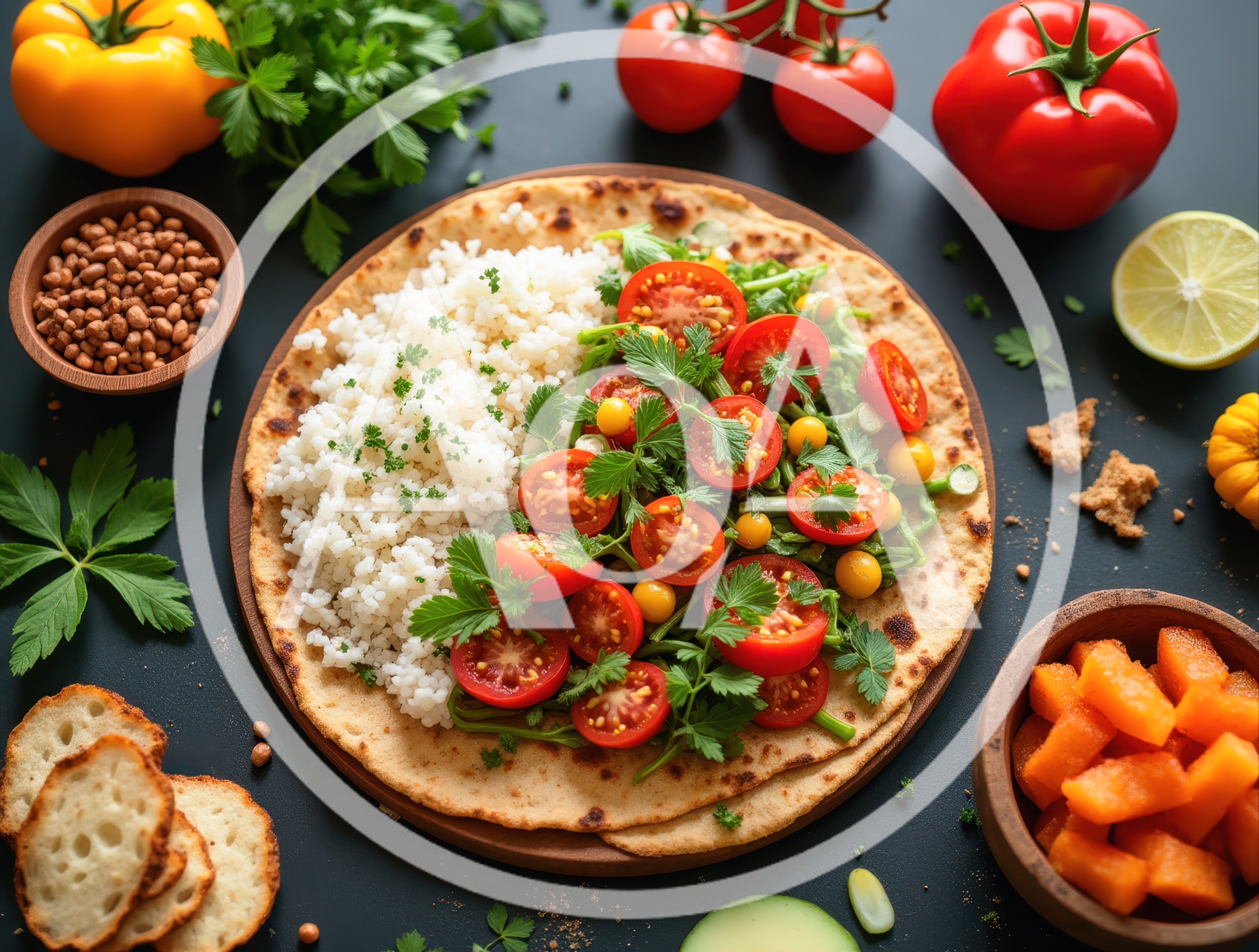 Flatbread With Rice And Fresh Vegetable Salad