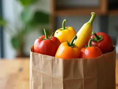 Fresh Bell Peppers And Banana In Paper Grocery Bag