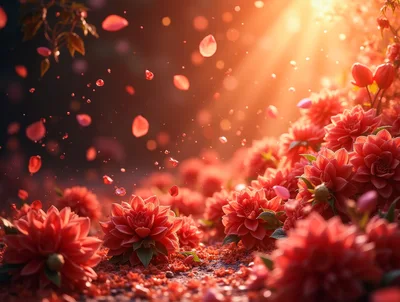 Red Dahlia Flowers With Falling Petals In Sunlight