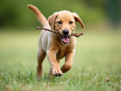Happy Golden Labrador Puppy Running With A Stick