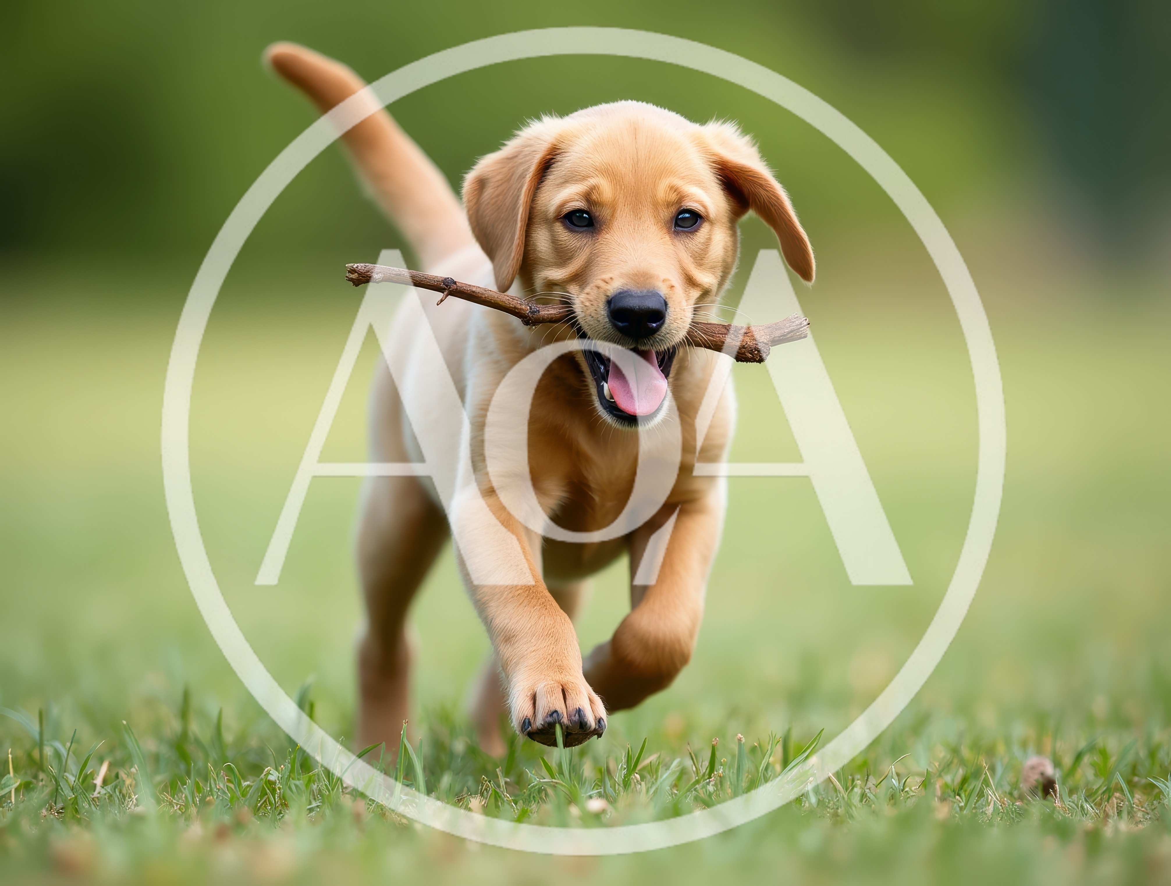 Happy Golden Labrador Puppy Running With A Stick
