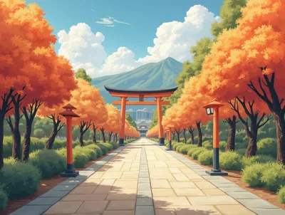 Torii Gate Path Leading To Mountain In Autumn