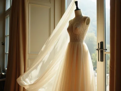 Wedding Dress on Mannequin Near Sunny Window