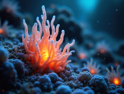 Bioluminescent Sea Anemone Glowing On The Ocean Floor