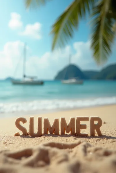 Summer Text Carved In Sand On Tropical Beach