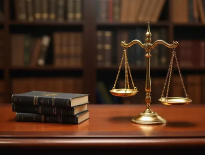 Gold Scales Of Justice On A Wooden Desk