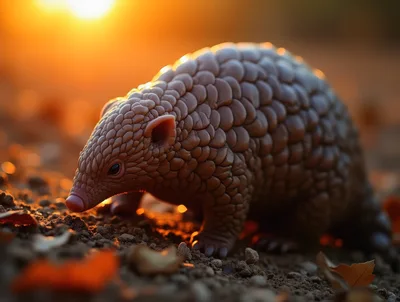 Pangolin Walking On Ground At Sunset