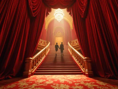 Couple Walking Up Grand Staircase In Opulent Theater