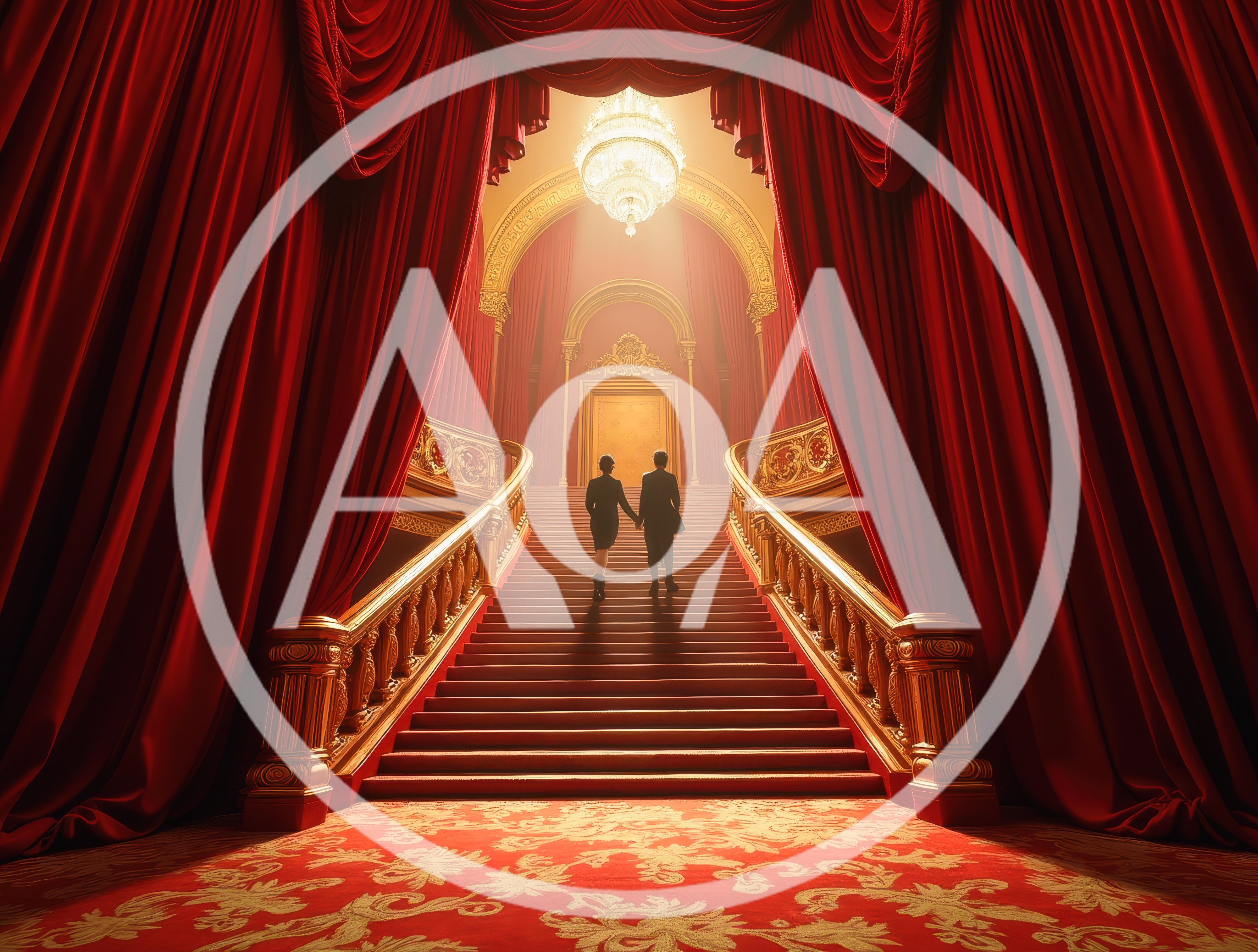 Couple Walking Up Grand Staircase In Opulent Theater