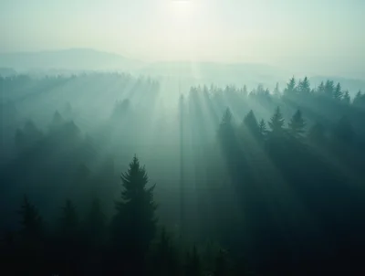 Sunlight Beams Piercing Through Misty Pine Forest
