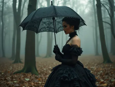 Gothic Woman Holding Lace Umbrella in Misty Forest