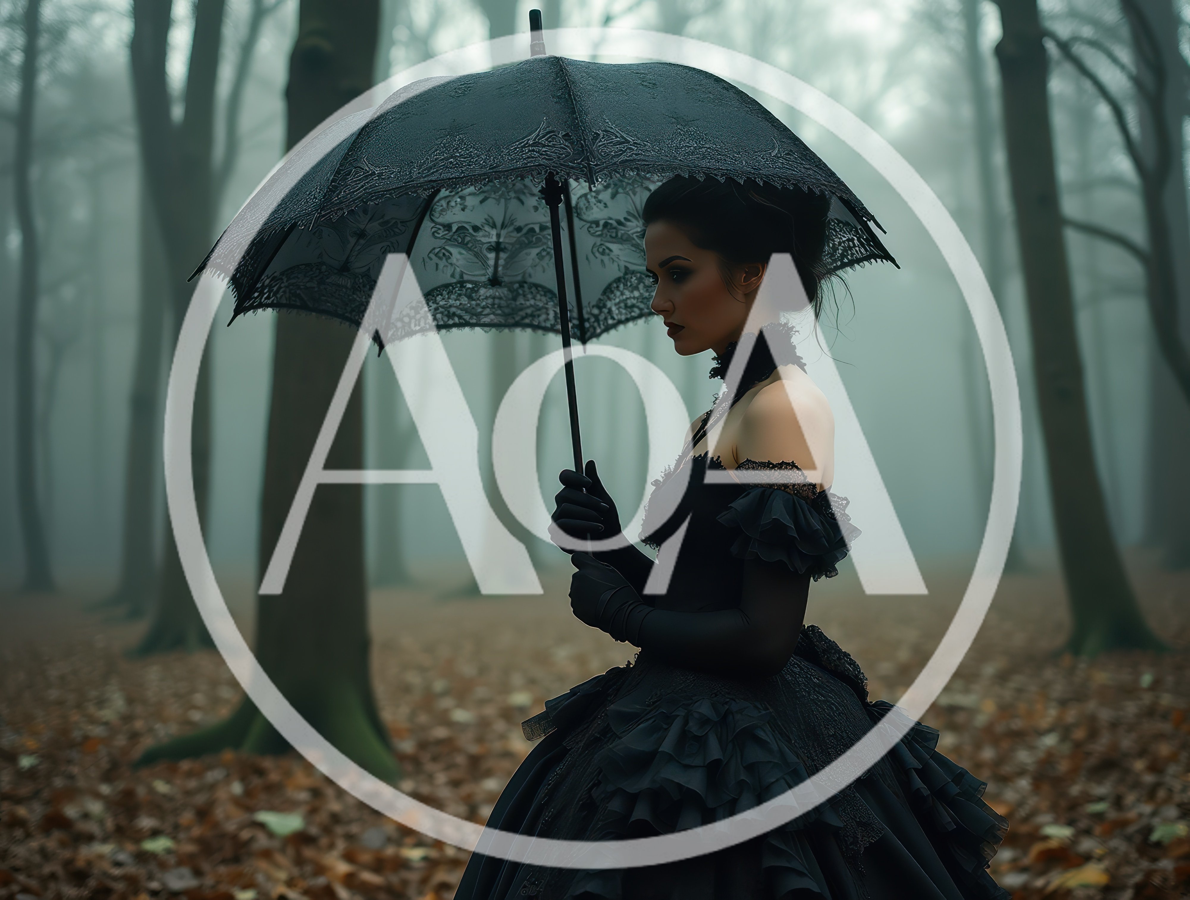Gothic Woman Holding Lace Umbrella in Misty Forest