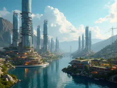 Futuristic Eco-City With Skyscrapers Along A River