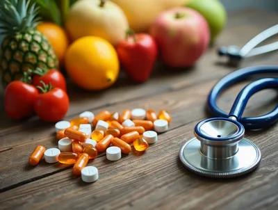 Stethoscope and Assorted Pills Beside Fresh Fruits