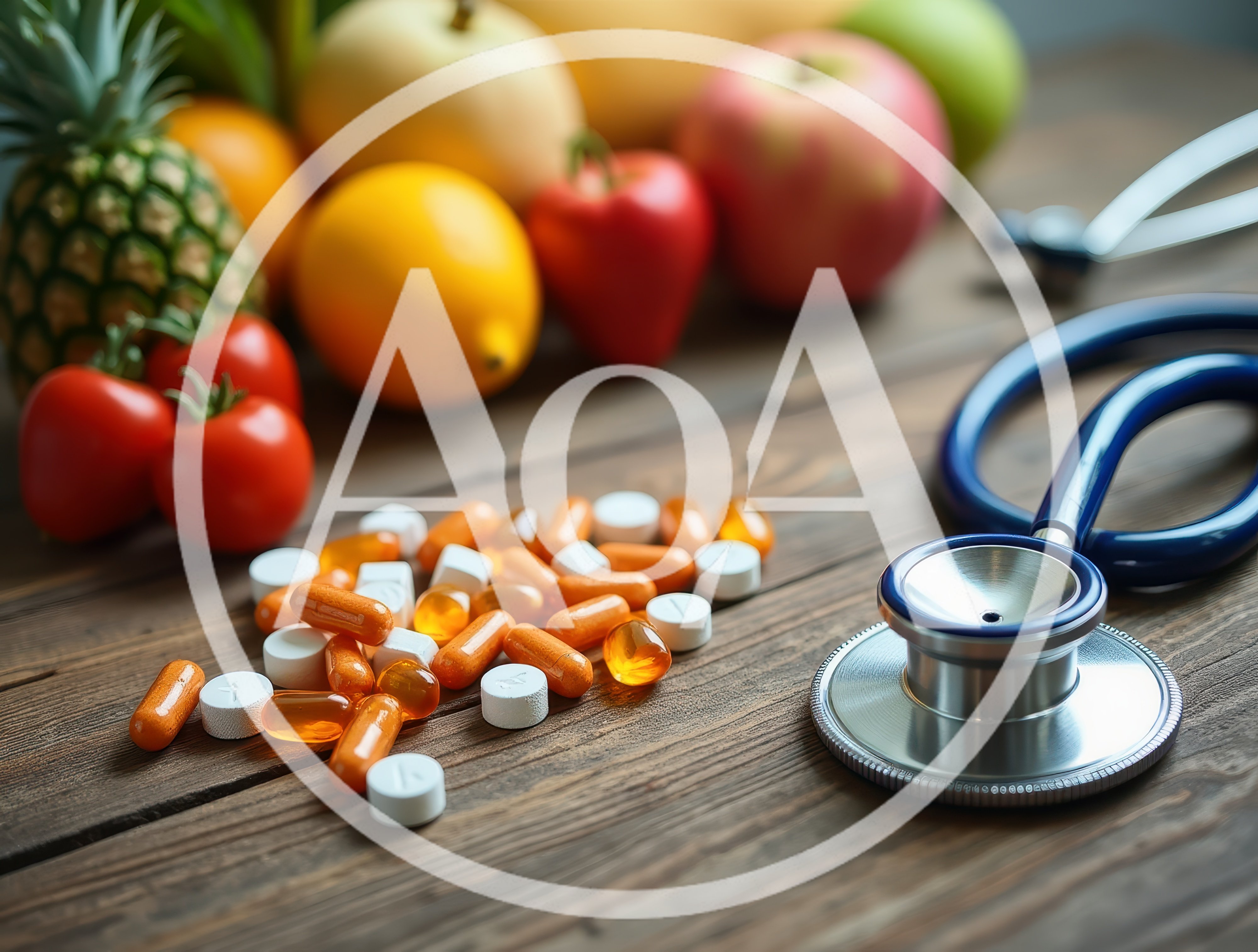 Stethoscope and Assorted Pills Beside Fresh Fruits