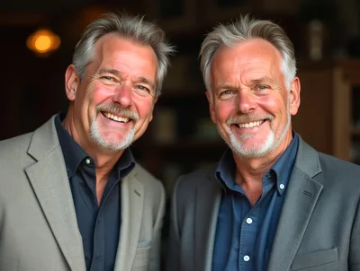 Two Mature Men Smiling Together In Professional Attire