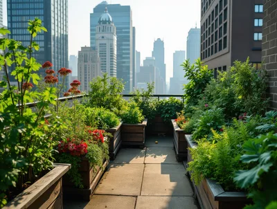 Urban Rooftop Garden Terrace With City Skyline View