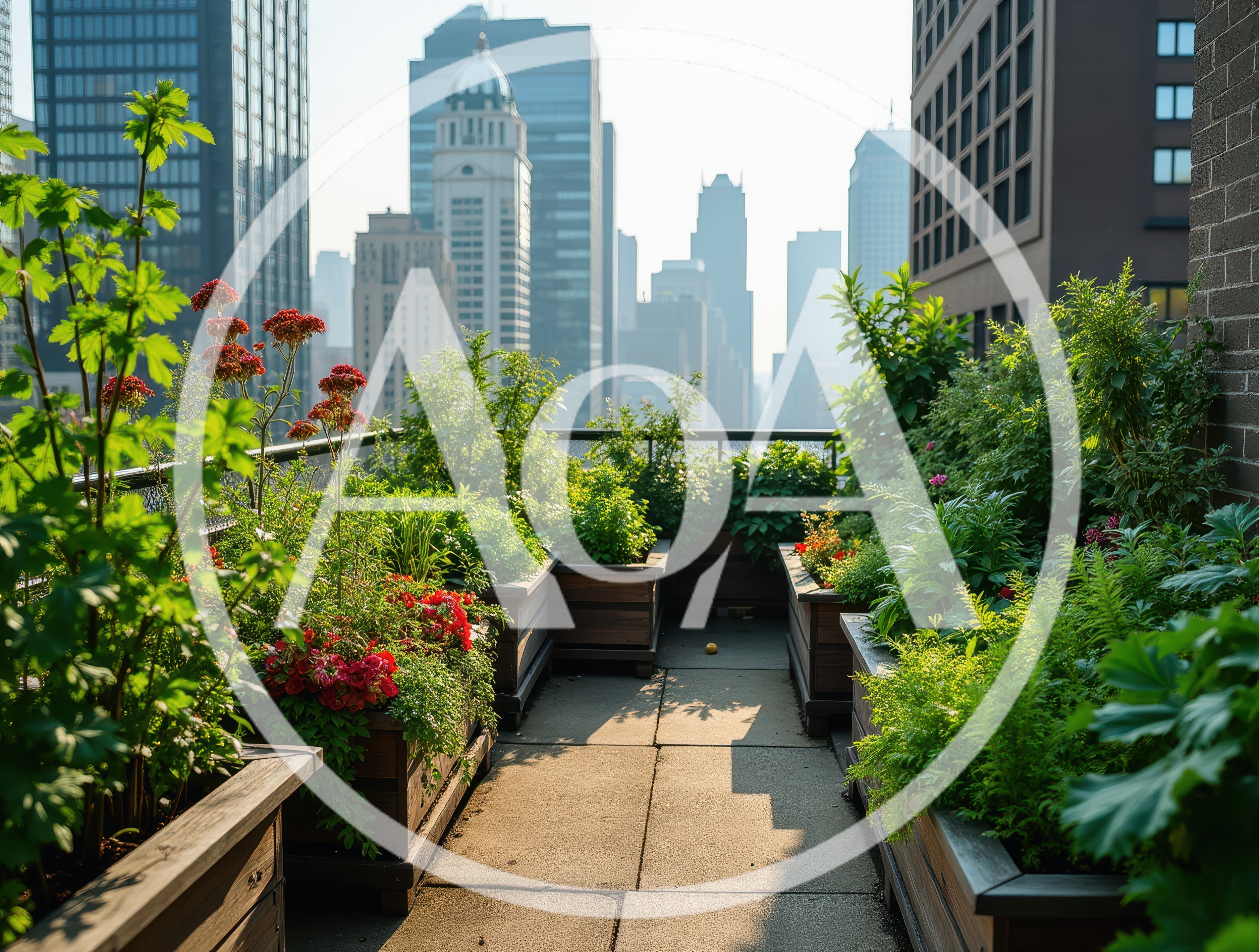 Urban Rooftop Garden Terrace With City Skyline View